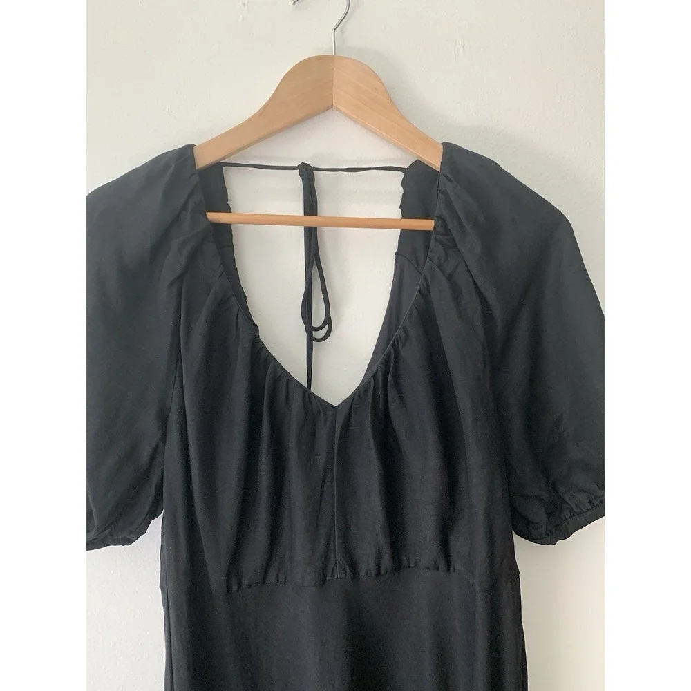 Banana Republic Viscose Linen Midi/Maxi Black Dress 12 Puff Sleeve Silky Tie - Picture 5 of 12
